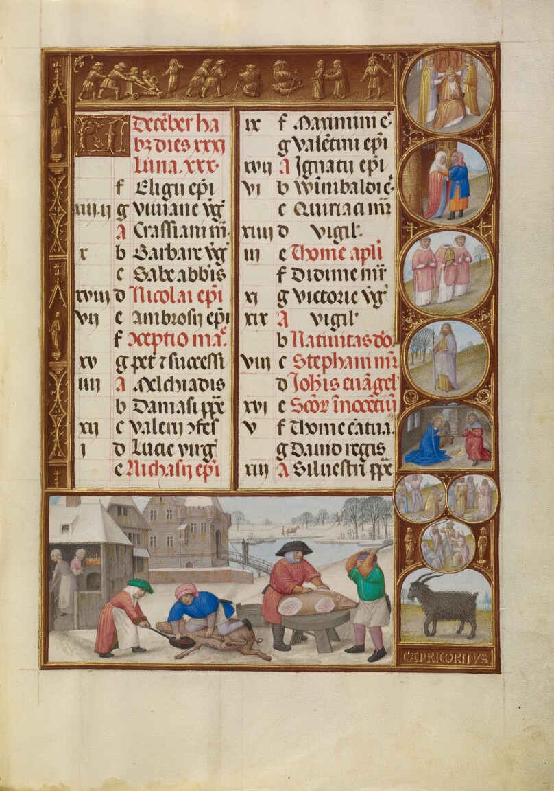December Calendar Page; Slaughtering Pigs; Capricorn