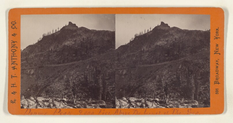 Donner Peak, 9000 Feet Above the Level of the Sea. Snow Sheds along the Cliff - 1500 feet above the valley. Central Pac. R. R.
