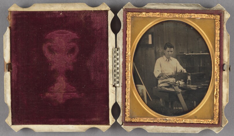 Ray Phillips with his dag. equipment. Self-portrait in his studio at 843. S. Citrus Ave., Los Angeles