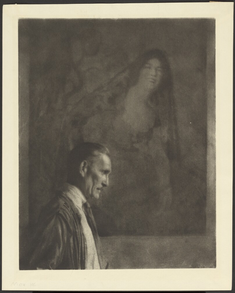 [Man with Small, Neat Mustache in Profile Posed in Front of a Painting of a Woman Dressed in Spanish Costume]
