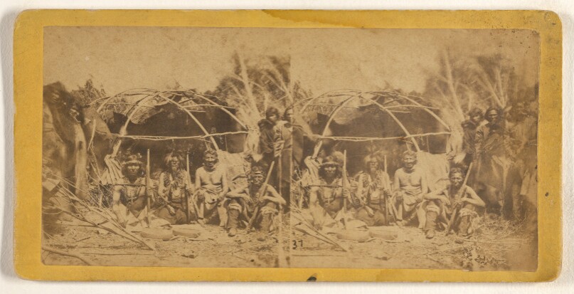 [Group of American Indians posed at a hut]