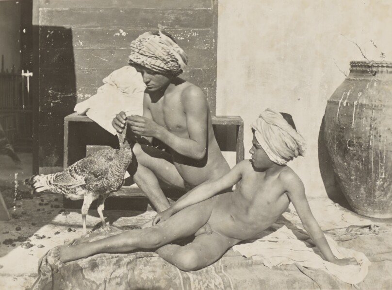 [Two nude youths with turkey]
