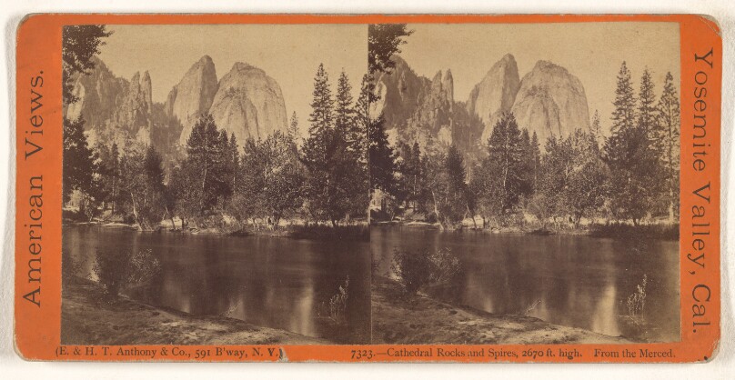 Cathedral Rocks and Spires, 2670 ft. high. From the Merced. [Yosemite]