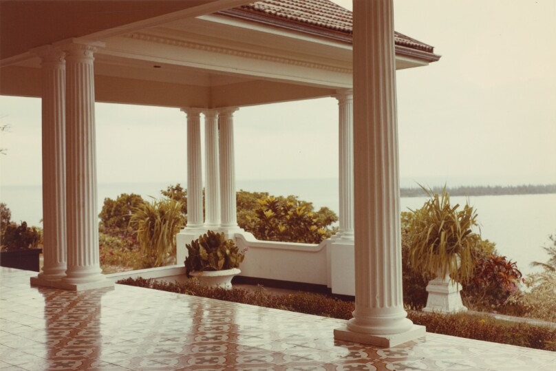 [Classical style porch with view of water, Jamaica]