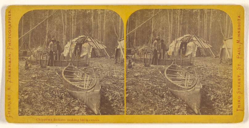 Chippewa Indians making birch canoes.