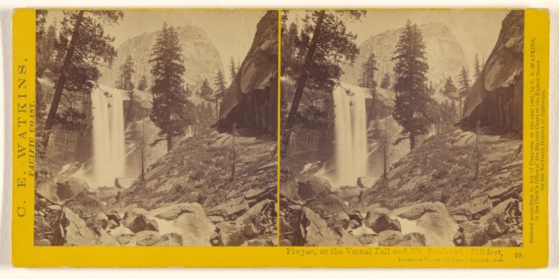 Piwyac, or the Vernal Fall and Mt. Broderick, 360 feet, Yosemite Valley, Mariposa County, Cal.