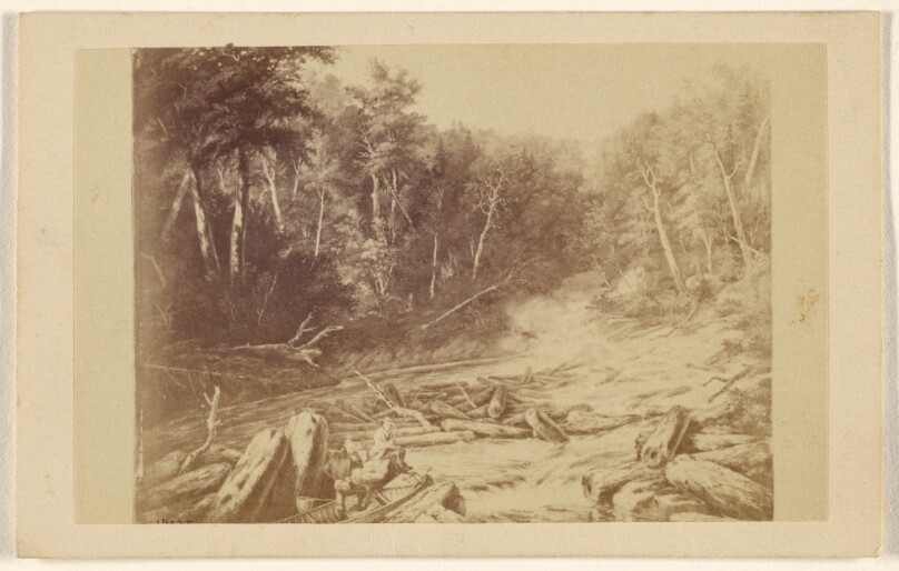[Copy of a painting depicting a river scene with a man in a canoe fishing]