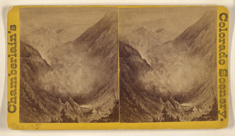 [Unidentified painting of a mountain valley with trains, Colorado]