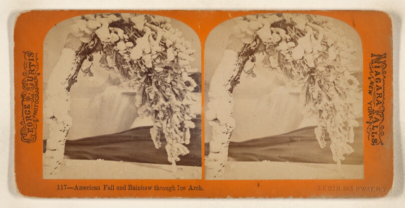 American Fall and Rainbow through Ice Arch. [Niagara Falls, New York]