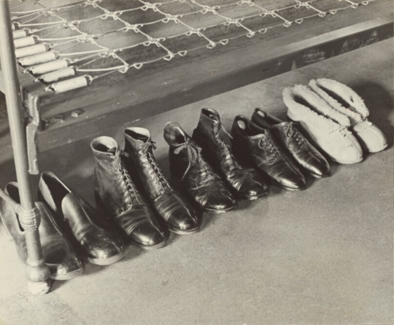 West Point cadet's shoes neatly lined up under bunk, U.S. Military Academy, NY