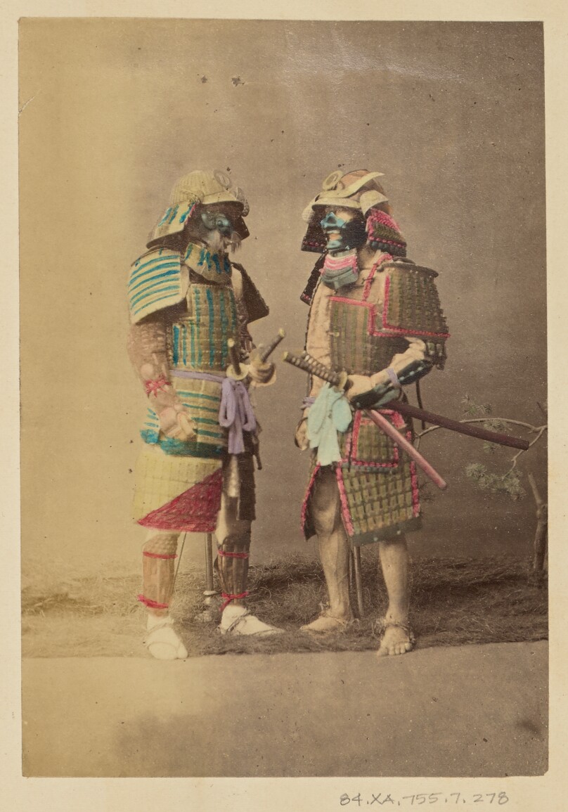 [Two Japanese warriors in full dress costumes]