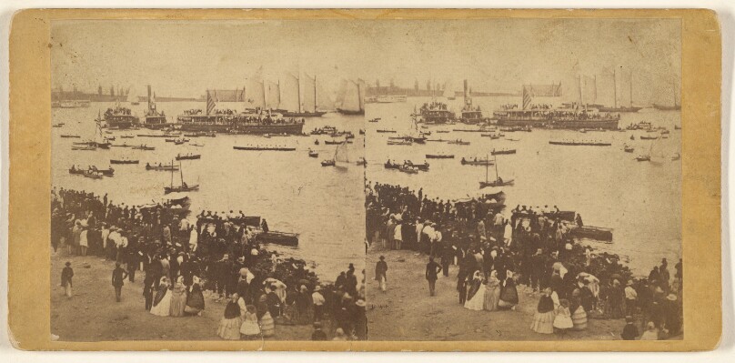 Fourth of July in and about New York. - "The Regatta." Animated Scene. The Shore crowded with Spectators, with Boats...Vessels
