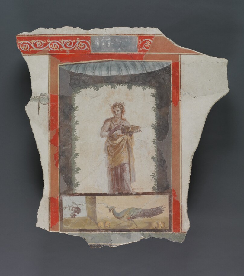 Fresco Depicting a Woman (Maenad?) Holding a Dish; Peacock and Fruit Below