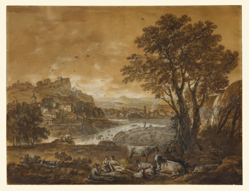 A Landscape with Shepherds Resting Under a Tree by a Cascade (recto); Sketch of a Landscape (verso)