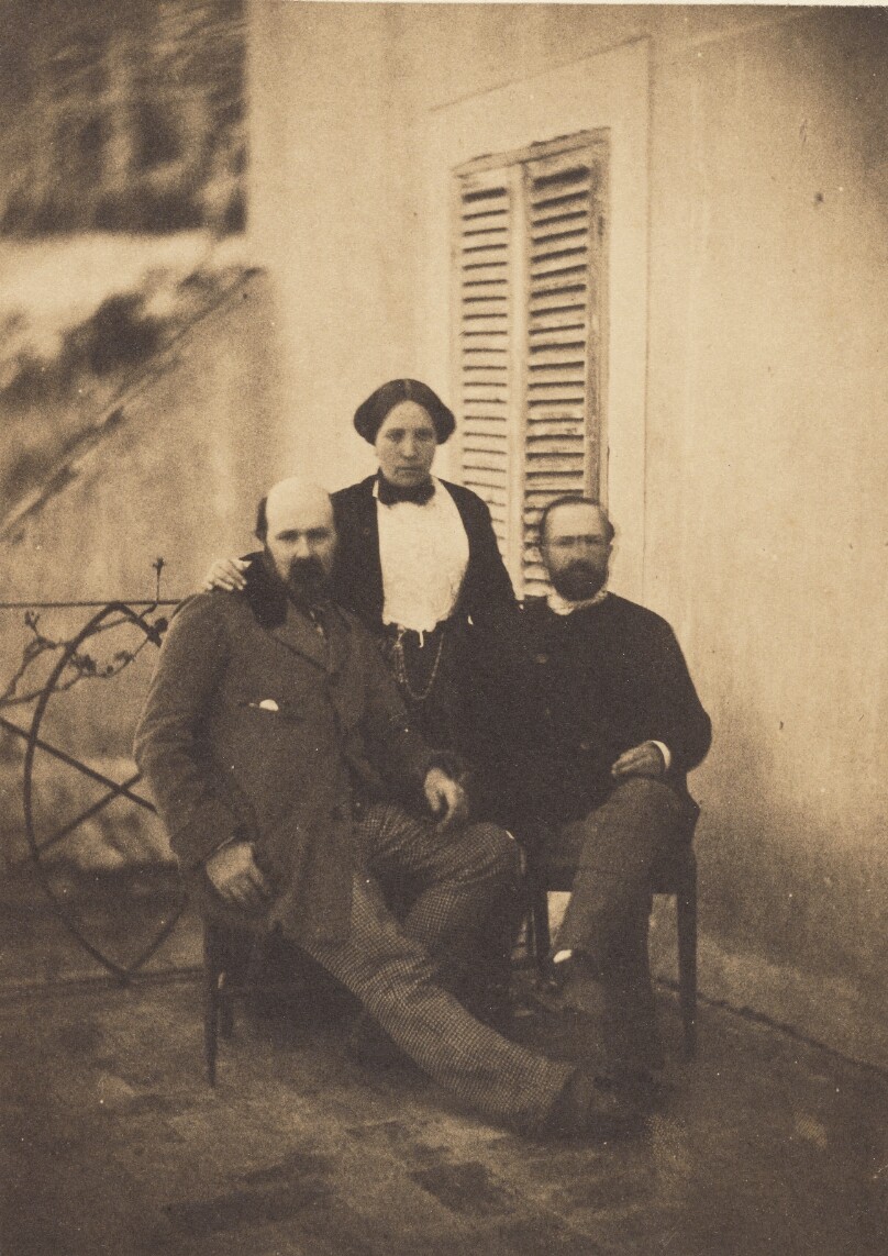 [Portrait of Rachel Félix and Two Unidentified Men on a Balcony]