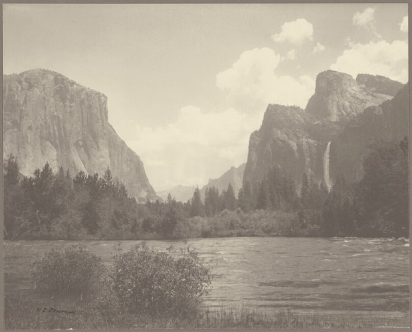 [View of Yosemite Valley with Waterfall and River]