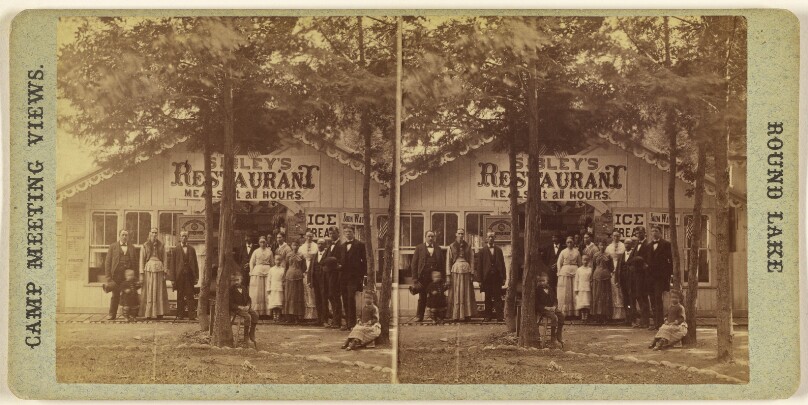 [Group of people standing in front of Sibley's Restaurant, Round Lake, Ballston Spa, New York - Camp Meeting View]