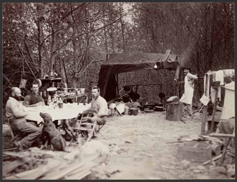 [Camp with Dog, Men and Cook]