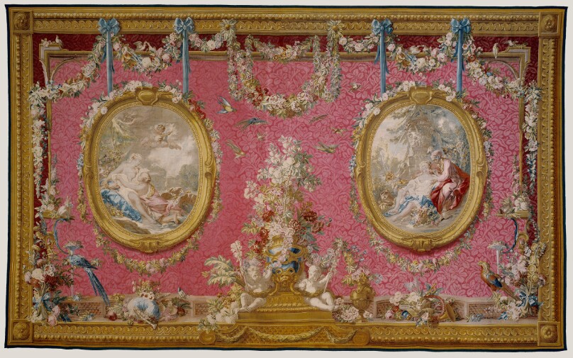 Tapestry: Jupiter transformé en Diane pour surprendre Callisto avec Vertumne et Pomone, from Les Tentures de François Boucher Series