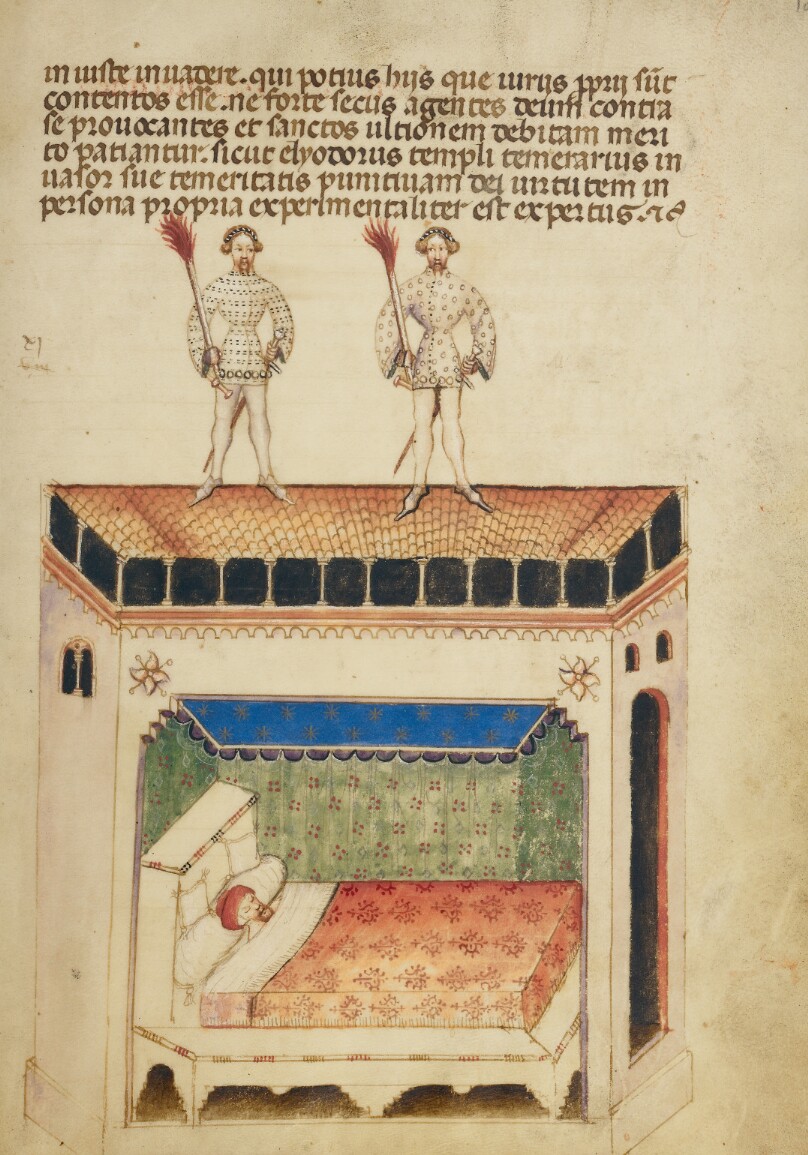Saints Aimo and Vermondo Standing on the Roof of the House of One of the Monastery's Enemies and Threatening to Burn it Down with Torches