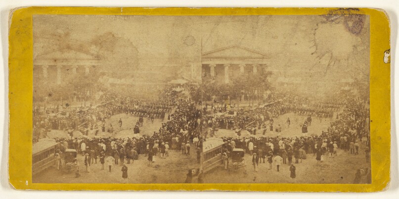 Fourth of July In and About New York. The Highlanders marching in Tryon Row, July 4th, 1860.