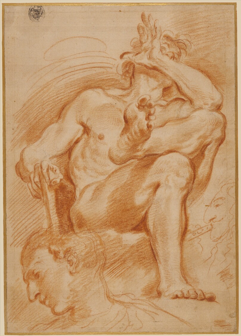Sheet of Studies: A Seated Nude Man, A Youthful Head and a Caricature Head of a Man Playing a Pipe