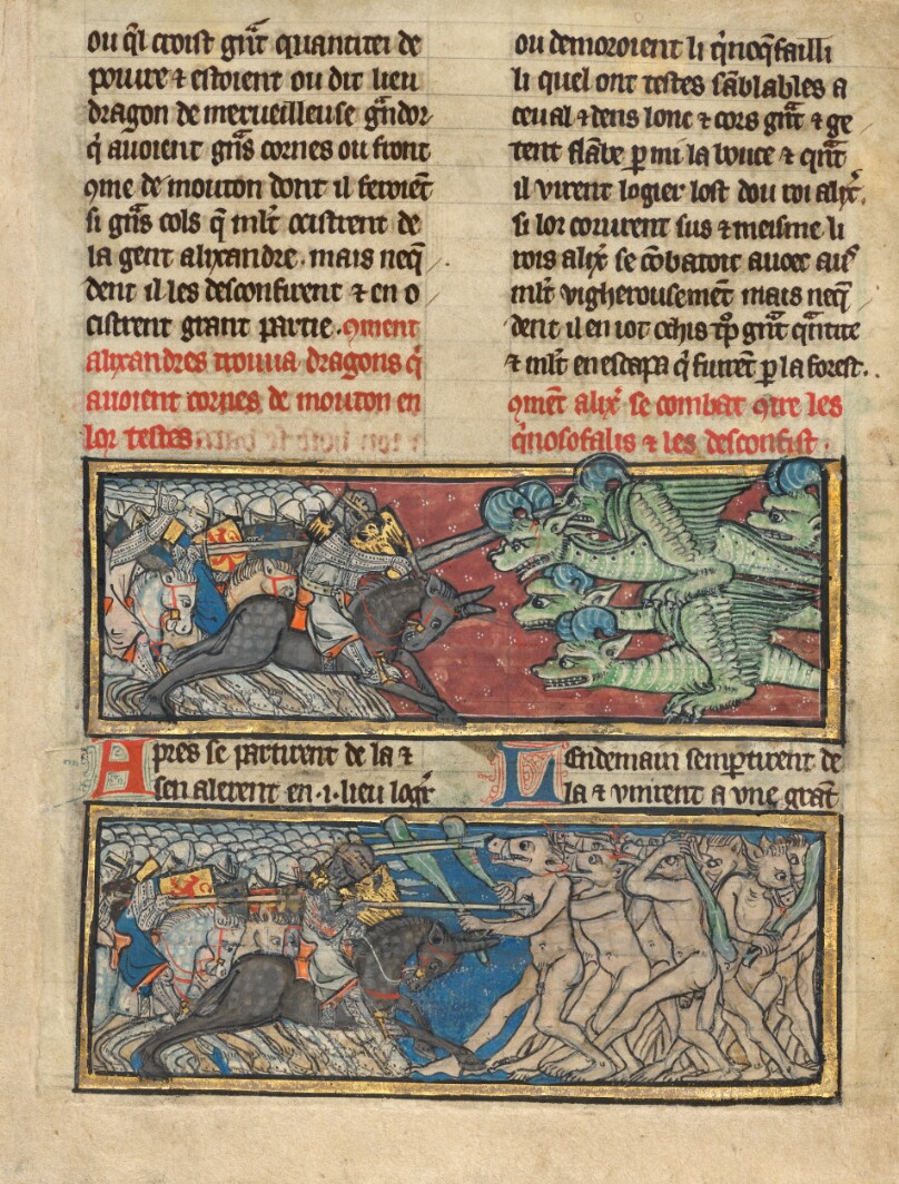 Alexander and His Army Fighting Dragons with Ram Horns; Alexander and His Army Fighting Horse-Headed Firebreathers