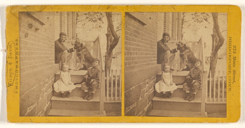 [Man petting dog with little boy and girl on steps of house, probably at Bridgeport, Connecticut]