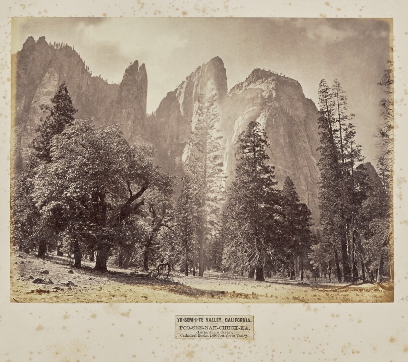 Yo-Sem-i-te Valley, California. Poo-see-nah-chuck-ka, (Large Acorn Cache). Cathedral Rocks, 2,600 Feet above Valley