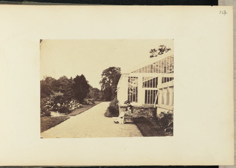 [Woman and child in garden]