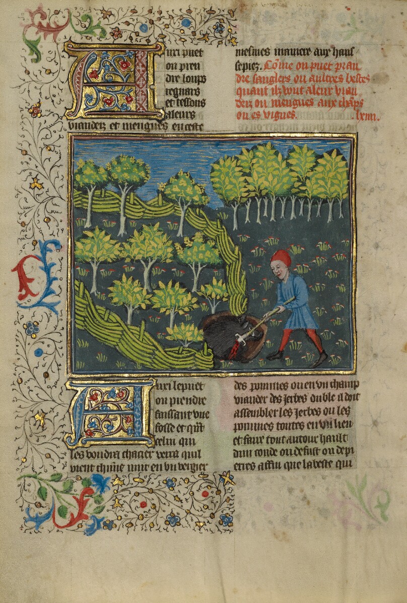 A Hunter Wounding a Wild Boar Caught in a Pit