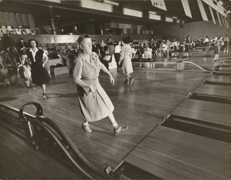 [Mrs. Florence Wilson and Other Women Bowling at Teaneck Bowling Alley, Teaneck, New Jersey]