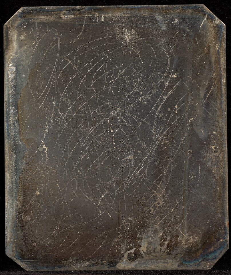 [Daguerreotype Plate with Etched Circular Line Doodles]