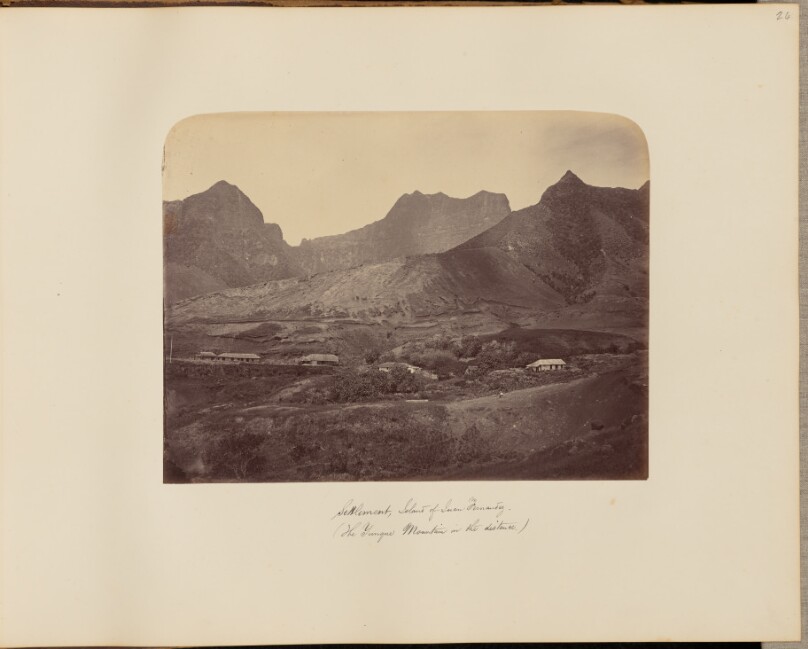 Settlement, Island of Juan Fernandez (The Yunque Mountain in the Distance)