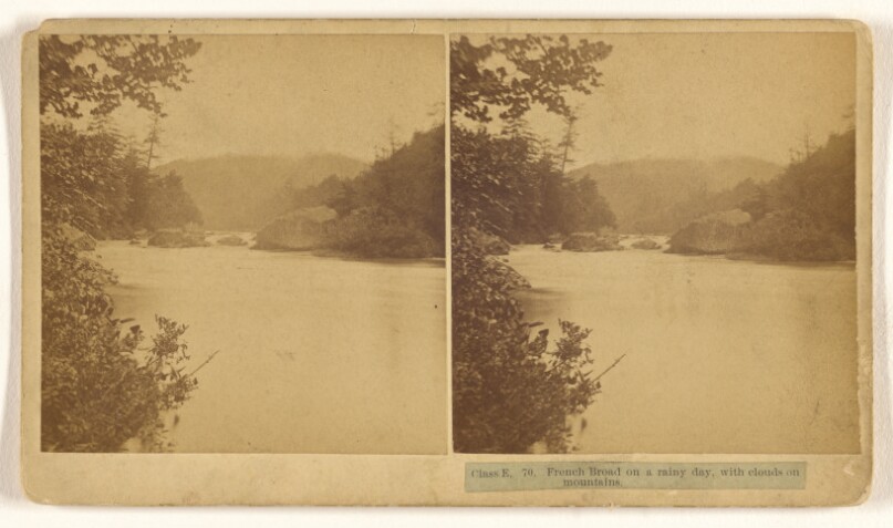 French Broad on a rainy day, with clouds on mountains.
