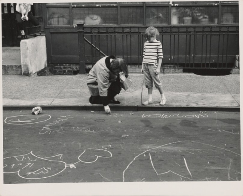 Woman Writing on Street, Little Girl Standing by Watching
