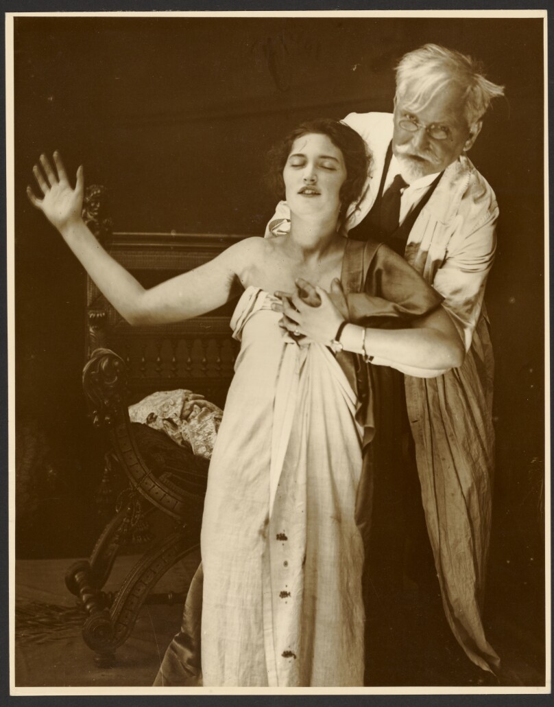 [Alphonse Mucha in Costume with Daughter Jaroslava as a Model for the Poster, "De Forest Phonofilm" the first "talkie" shown in the Bio Adria cinema (Prague), Zbiroh, Bohemia]
