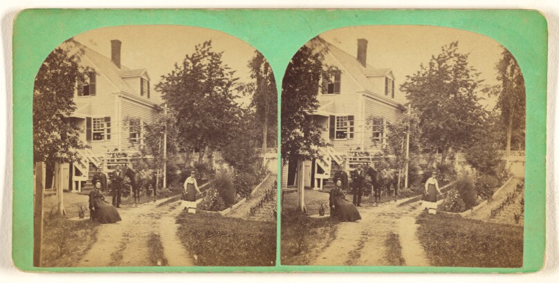 [Family and horse at front yard and garden of house, Lowell, Massachusetts]