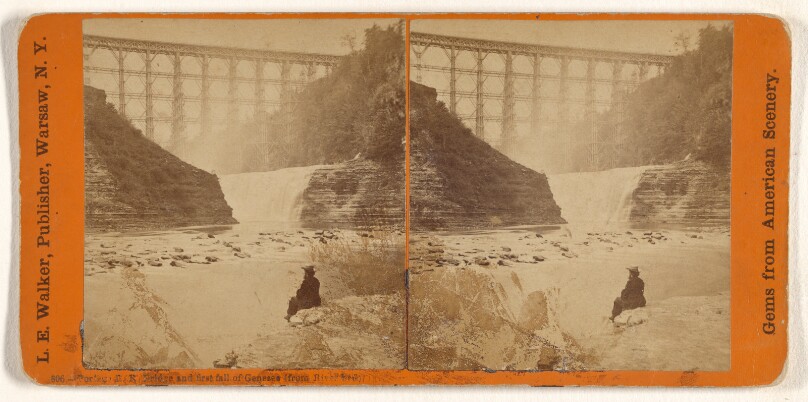 Portage R.R. Bridge and first fall of Genesee (from River bed)