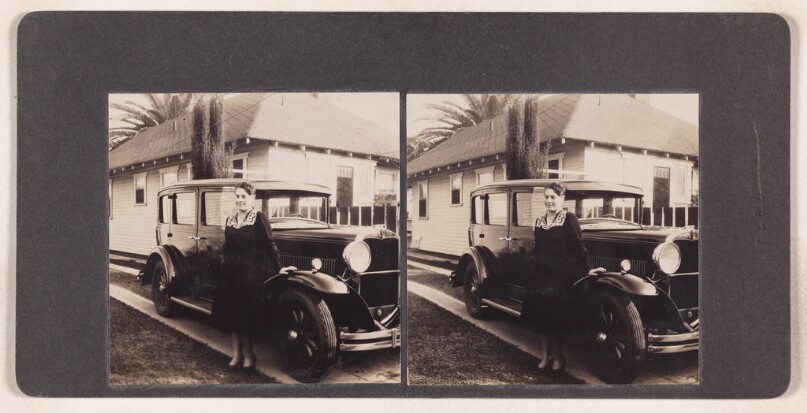 [Unidentified woman posed next to a car] (recto); [Unidentified child posed on a path leading to a house] (verso)