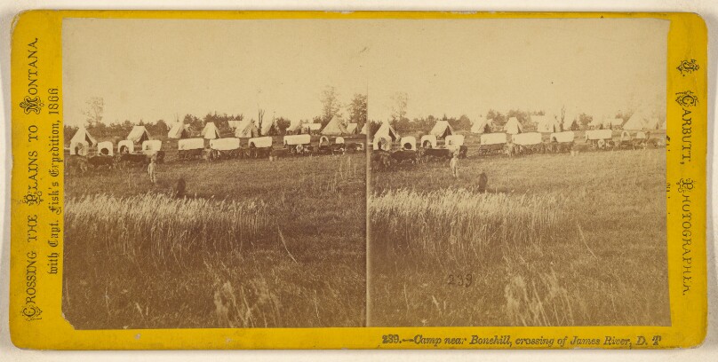 Camp near Bonehill, crossing of James River, D.T. Crossing the Plains with Capt. Fisk's Expedition. 1866.