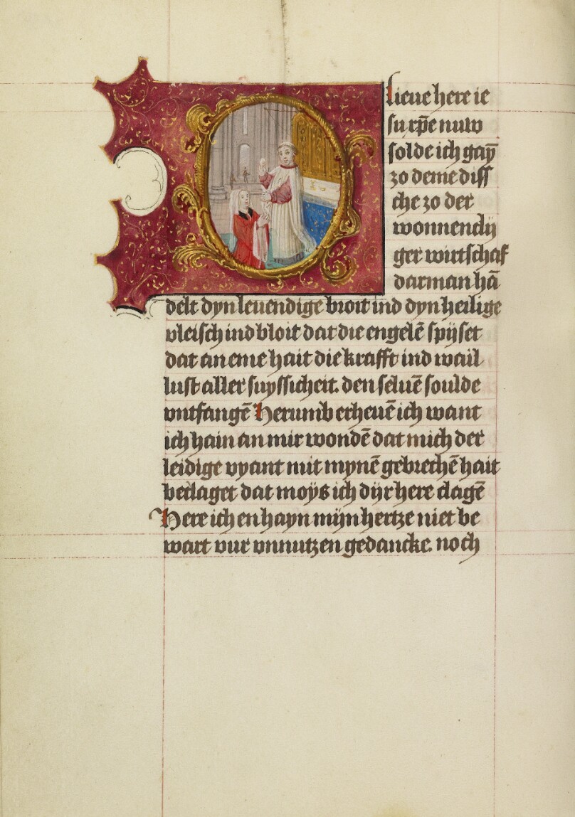 Initial O: A Woman Receiving Communion