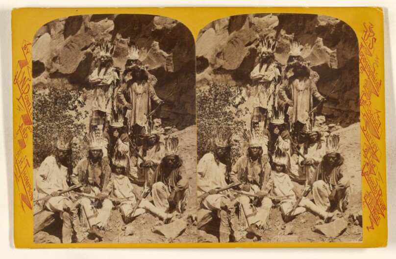 Group of Men in Full Dress. Kai-Vav-Its. A tribe of Pai Utes, living on the Kai-bab Plateau, near the Grand Canon...Colorado...