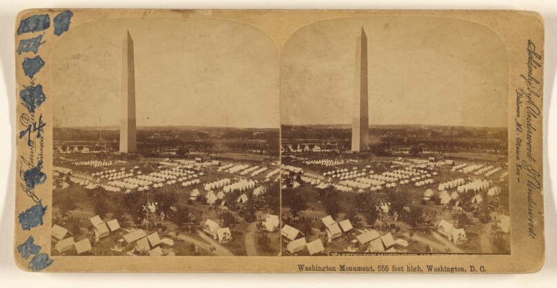 Washington Monument, 555 feet high, Washington, D.C. [Taken during Time of Military Encampment]