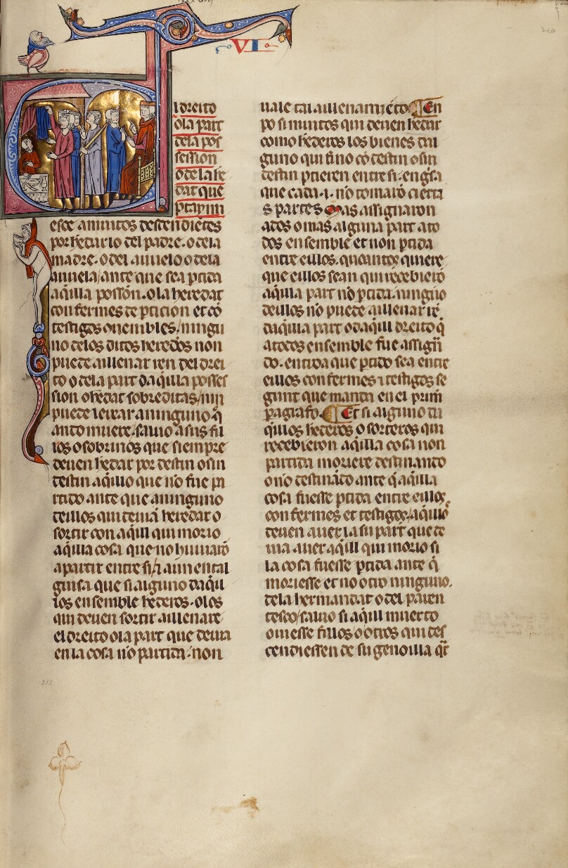 Initial E: Four Men before a Man Sitting at a Table while Another Man Stands before a Judge