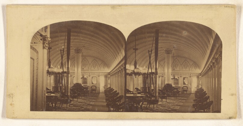 Interior of the Main Saloon of the Steamer Commonwealth, One of the floating palaces for which the American waters are so...