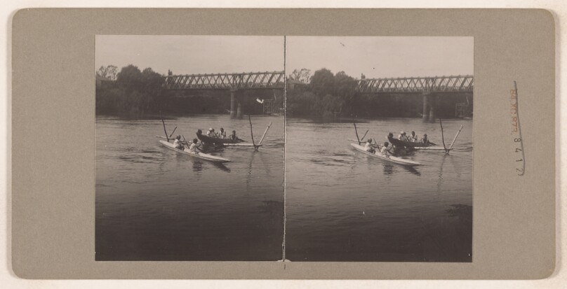 [Two canoes, both full of people, on a river] (recto); [Two men in a canoe on a river] (verso)