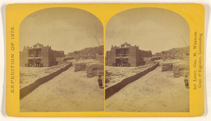 Old Mission Church, Pueblo of Zuni, N.M., built by Spanish missionaries in 1676, of stone and adobe...