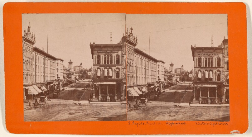 G[rand] Rapids, Pearl St. High school. Electric light tower/From Campan Place In High School.