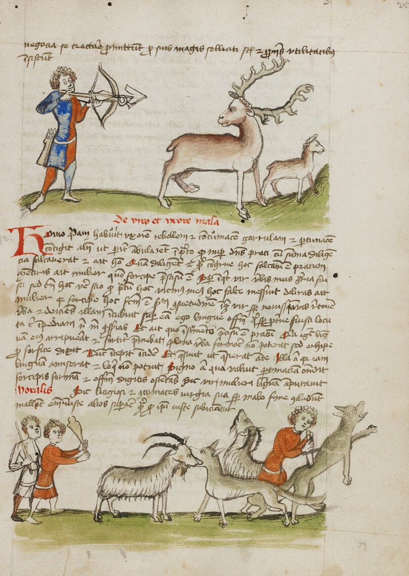 A Hunter Aiming an Arrow at a Stag, a Deer Standing Nearby; Two Men with Staffs and Clubs Rushing toward a Goat, which a Wolf Has Captured, and Killing the Wolf